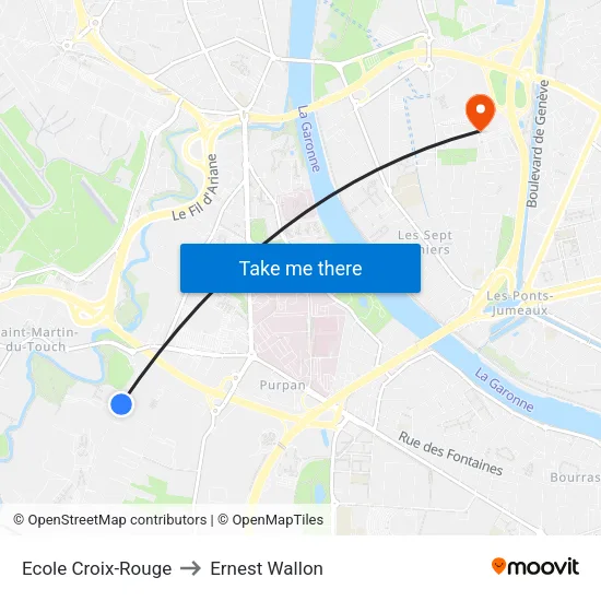 Ecole Croix-Rouge to Ernest Wallon map