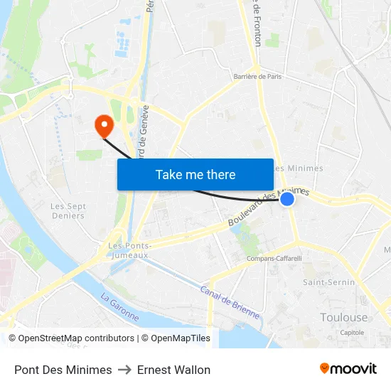 Pont Des Minimes to Ernest Wallon map