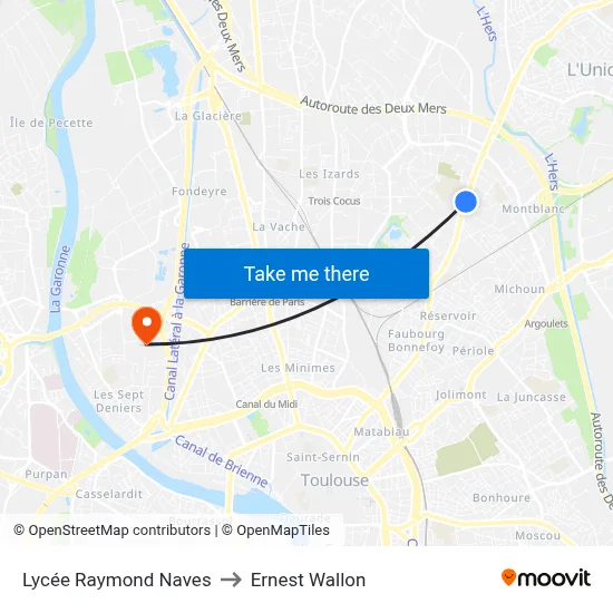 Lycée Raymond Naves to Ernest Wallon map