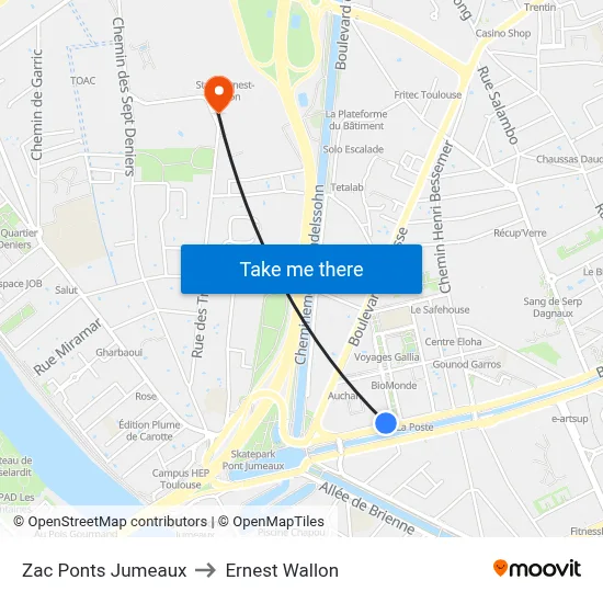Zac Ponts Jumeaux to Ernest Wallon map