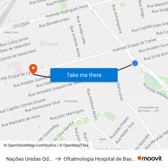 Nações Unidas Qd. 20 Par to Oftalmologia Hospital de Base de Bauru map