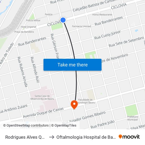 Rodrigues Alves Qd.5 Impar to Oftalmologia Hospital de Base de Bauru map