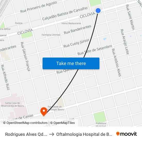 Rodrigues Alves Qd.10 Impar to Oftalmologia Hospital de Base de Bauru map