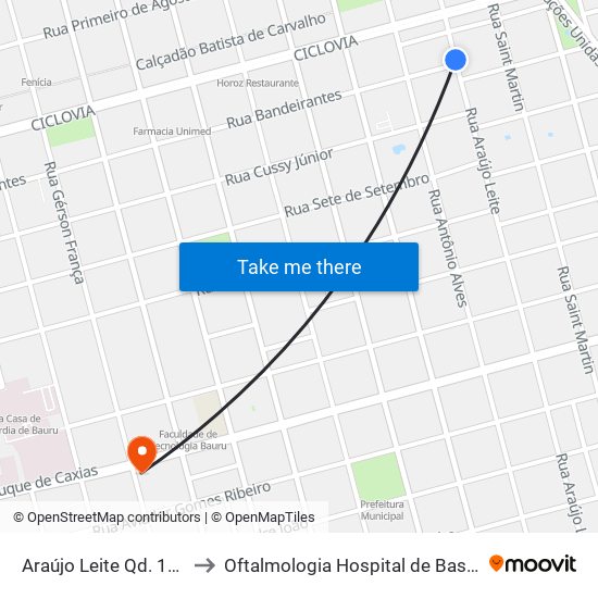 Araújo Leite Qd. 13 Impar to Oftalmologia Hospital de Base de Bauru map