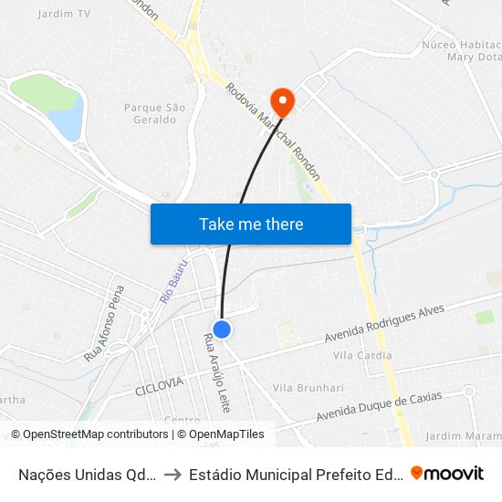 Nações Unidas Qd 08 Impar to Estádio Municipal Prefeito Edmundo Coube map