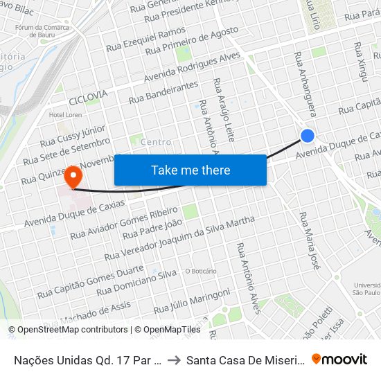 Nações Unidas Qd. 17 Par - Confiança Nações to Santa Casa De Misericórdia De Bauru map