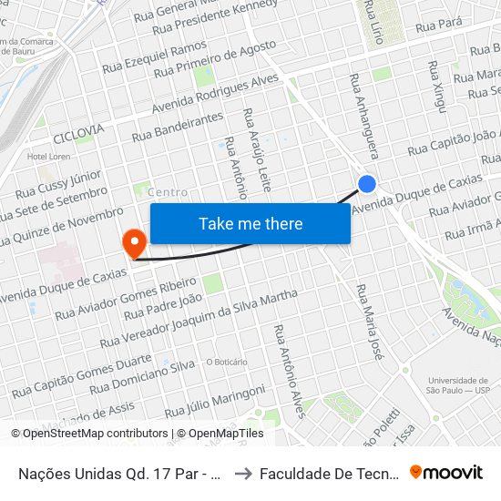 Nações Unidas Qd. 17 Par - Confiança Nações to Faculdade De Tecnologia Bauru map