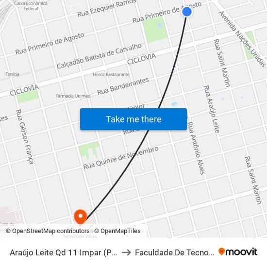 Araújo Leite Qd 11 Impar (Padaria Cidinha) to Faculdade De Tecnologia Bauru map