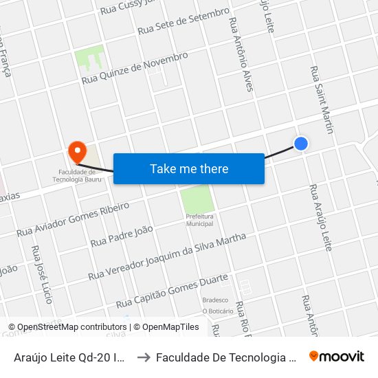 Araújo Leite Qd-20 Impar to Faculdade De Tecnologia Bauru map