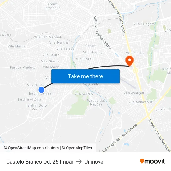 Castelo Branco Qd. 25 Impar to Uninove map