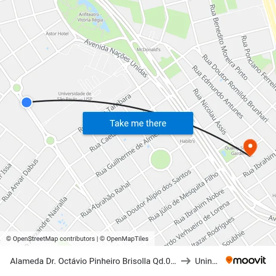 Alameda Dr. Octávio Pinheiro Brisolla Qd.08 Impar to Uninove map
