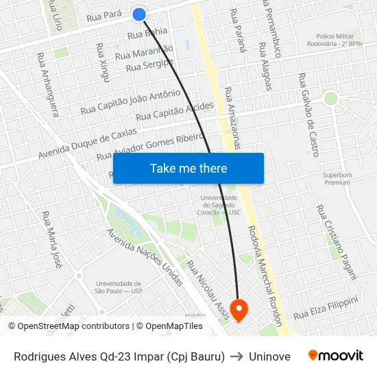 Rodrigues Alves Qd-23 Impar (Cpj Bauru) to Uninove map