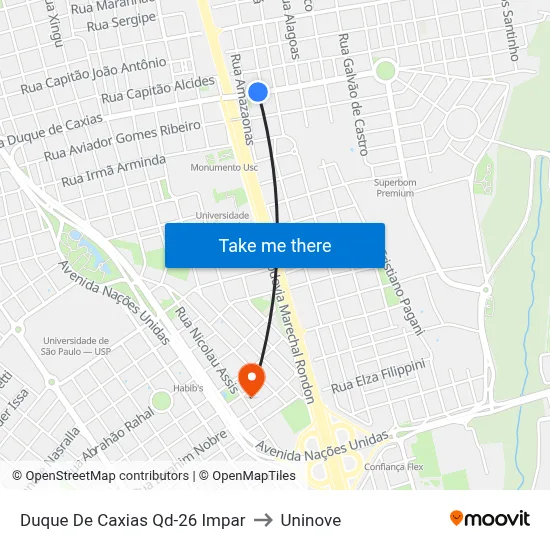 Duque De Caxias Qd-26 Impar to Uninove map