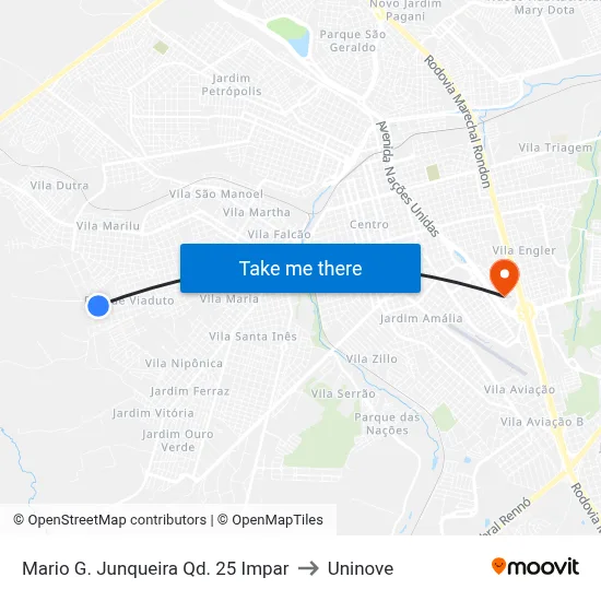 Mario G. Junqueira Qd. 25 Impar to Uninove map