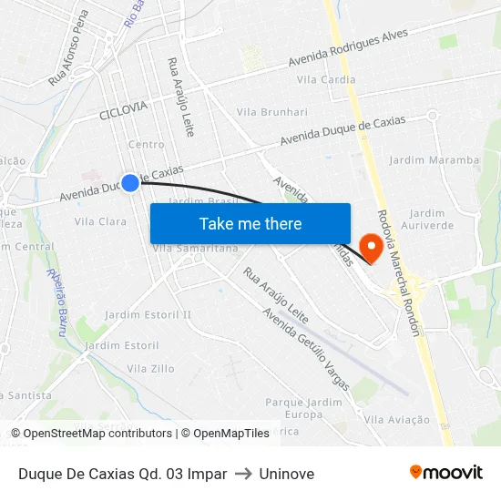 Duque De Caxias Qd. 03 Impar to Uninove map