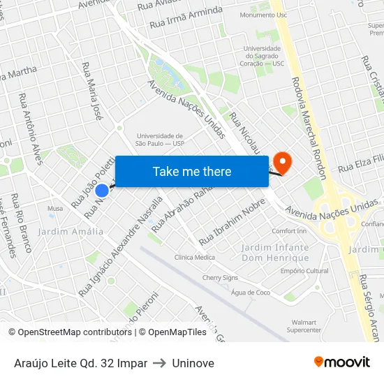 Araújo Leite Qd. 32 Impar to Uninove map