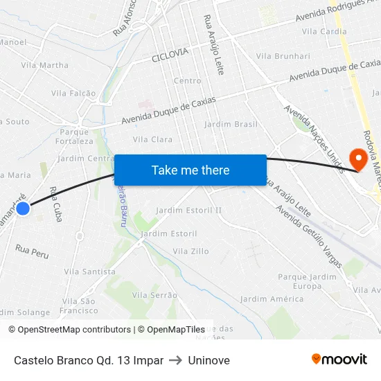 Castelo Branco Qd. 13 Impar to Uninove map