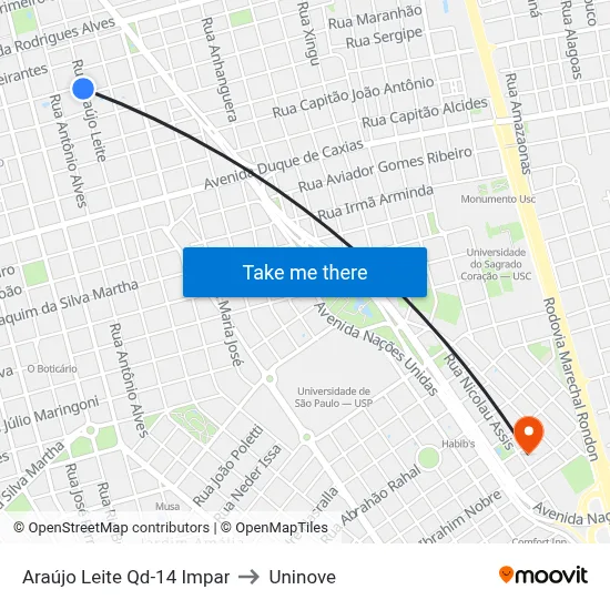 Araújo Leite Qd-14 Impar to Uninove map