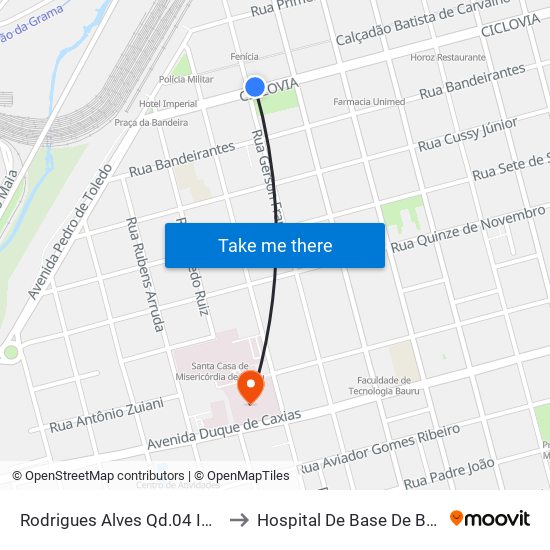 Rodrigues Alves Qd.04 Impar to Hospital De Base De Bauru map