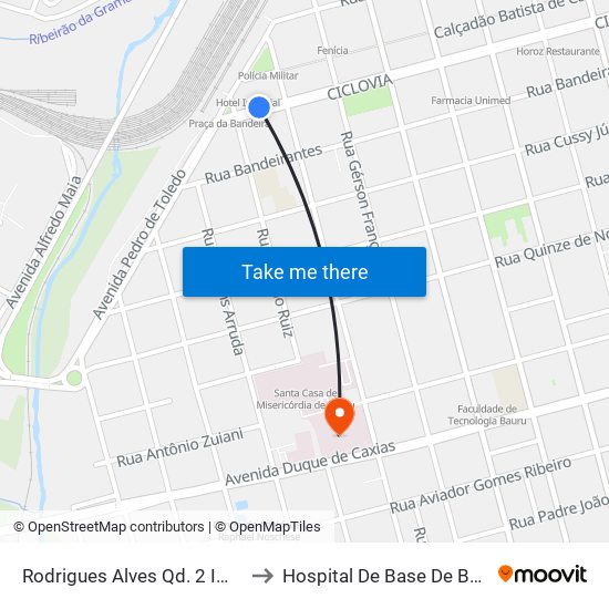 Rodrigues Alves Qd. 2 Impar to Hospital De Base De Bauru map