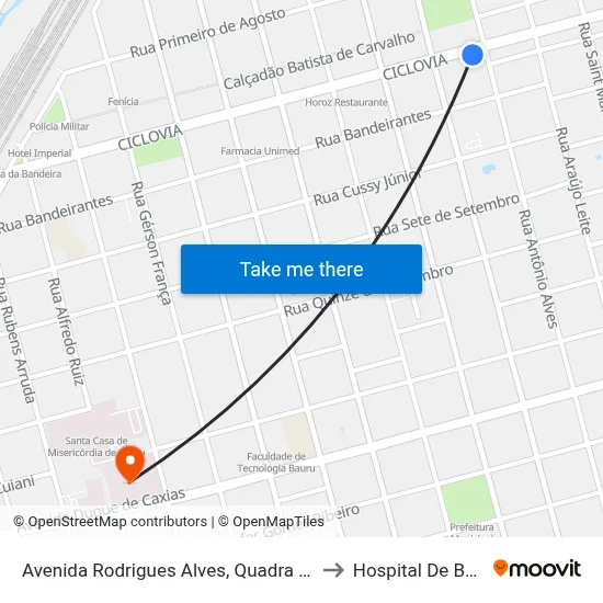 Avenida Rodrigues Alves, Quadra 10 Par (Colégio São José) to Hospital De Base De Bauru map