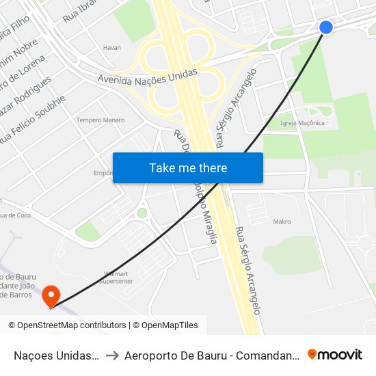 Naçoes Unidas Qd-39 Impar to Aeroporto De Bauru - Comandante João Ribeiro De Barros map