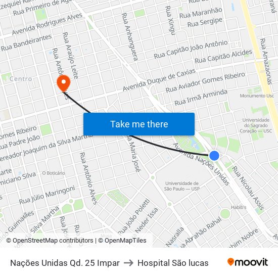 Nações Unidas Qd. 25 Impar to Hospital São lucas map