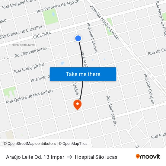 Araújo Leite Qd. 13 Impar to Hospital São lucas map