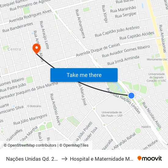 Nações Unidas Qd. 25 Impar to Hospital e Maternidade Maria José map