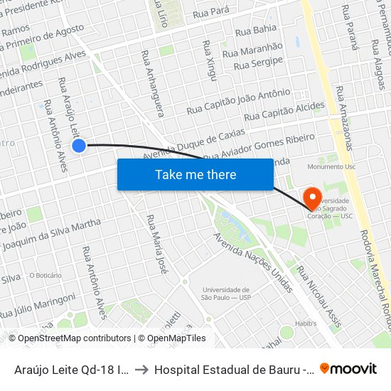 Araújo Leite Qd-18 Impar to Hospital Estadual de Bauru - Oficial map