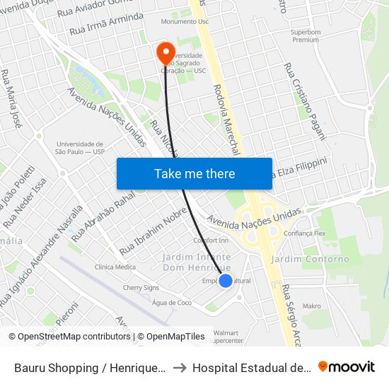 Bauru Shopping / Henrique Savi Qd 16 Impar to Hospital Estadual de Bauru - Oficial map