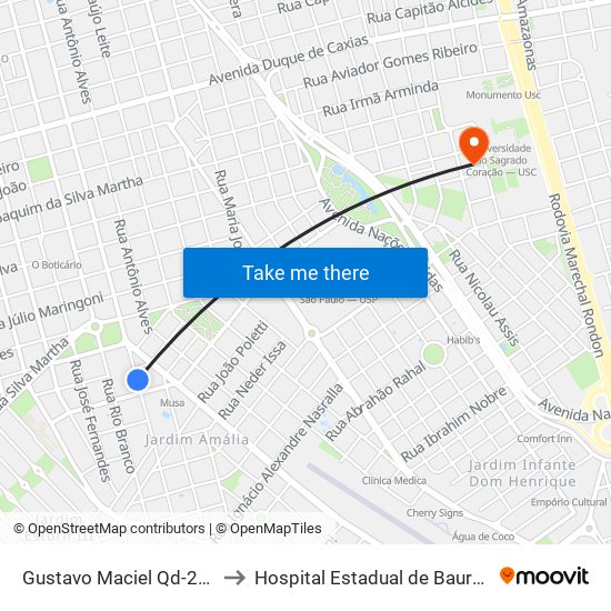 Gustavo Maciel Qd-27 Impar to Hospital Estadual de Bauru - Oficial map