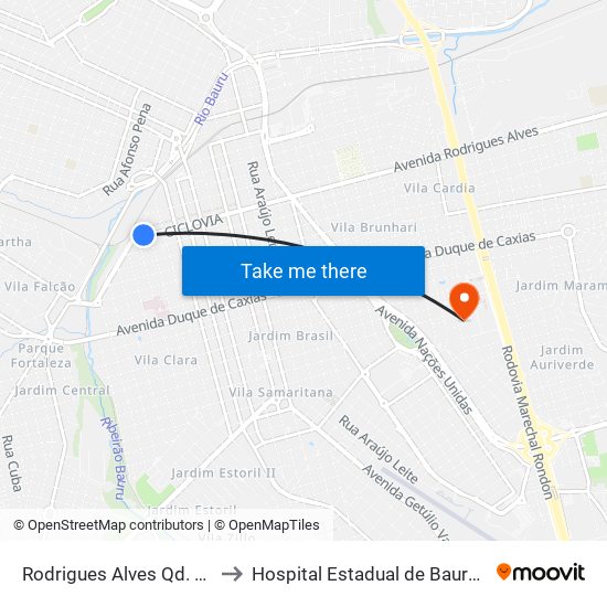 Rodrigues Alves Qd. 2 Impar to Hospital Estadual de Bauru - Oficial map