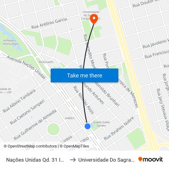 Nações Unidas Qd. 31  Impar - Praça Da Paz to Universidade Do Sagrado Coração — Usc map