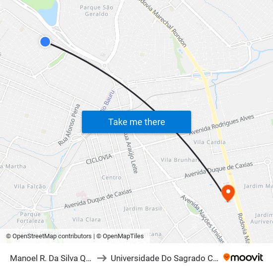 Manoel R. Da Silva Qd 02 Impar to Universidade Do Sagrado Coração — Usc map