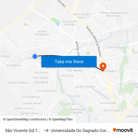 São Vicente Qd.13 Impar to Universidade Do Sagrado Coração — Usc map