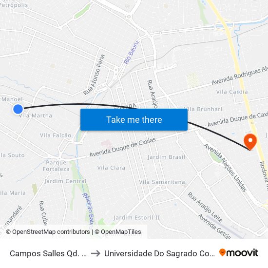 Campos Salles Qd. 11 Impar to Universidade Do Sagrado Coração — Usc map