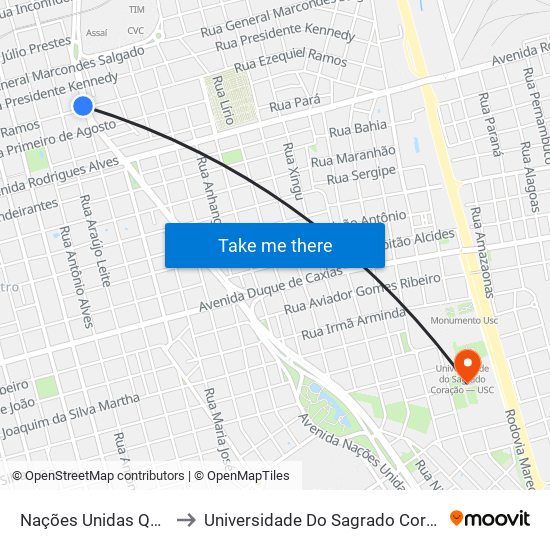 Nações Unidas Qd 08 Par to Universidade Do Sagrado Coração — Usc map