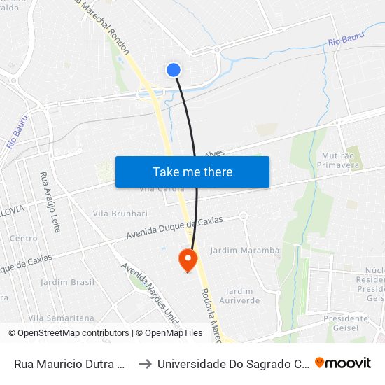 Rua Mauricio Dutra Qd 04 Impar to Universidade Do Sagrado Coração — Usc map