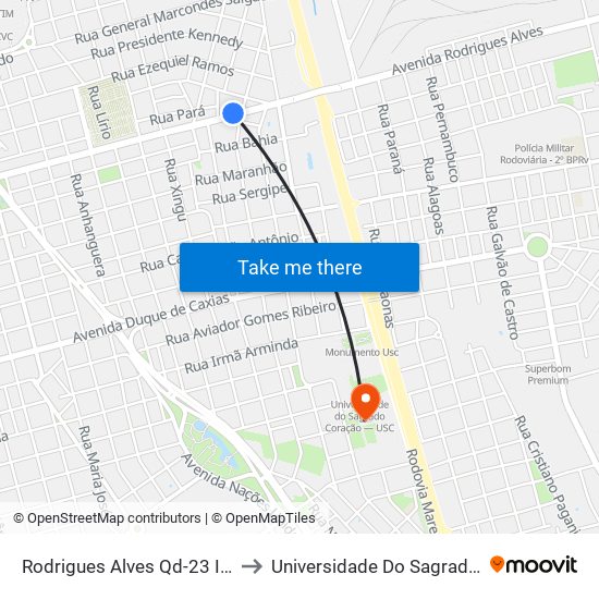 Rodrigues Alves Qd-23 Impar (Cpj Bauru) to Universidade Do Sagrado Coração — Usc map