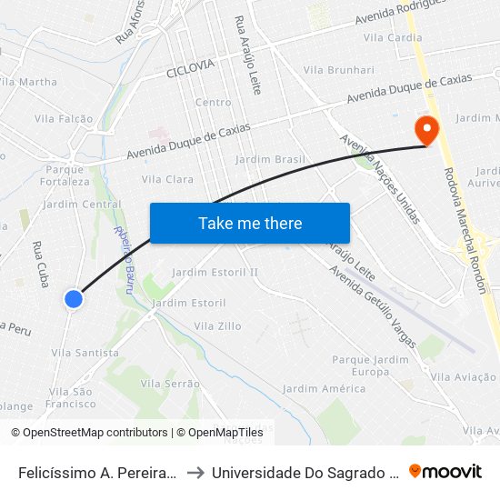 Felicíssimo A. Pereira Qd 16 Impar to Universidade Do Sagrado Coração — Usc map