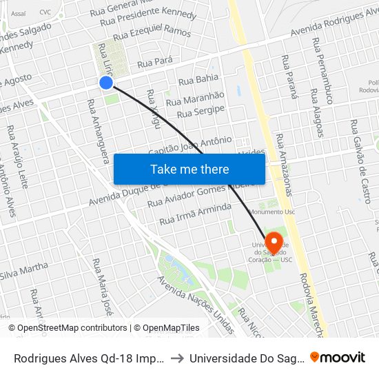 Rodrigues Alves Qd-18 Impar (Cemitério Da Saudade) to Universidade Do Sagrado Coração — Usc map
