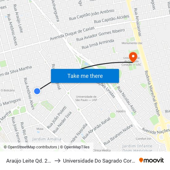 Araújo Leite Qd. 26 Impar to Universidade Do Sagrado Coração — Usc map
