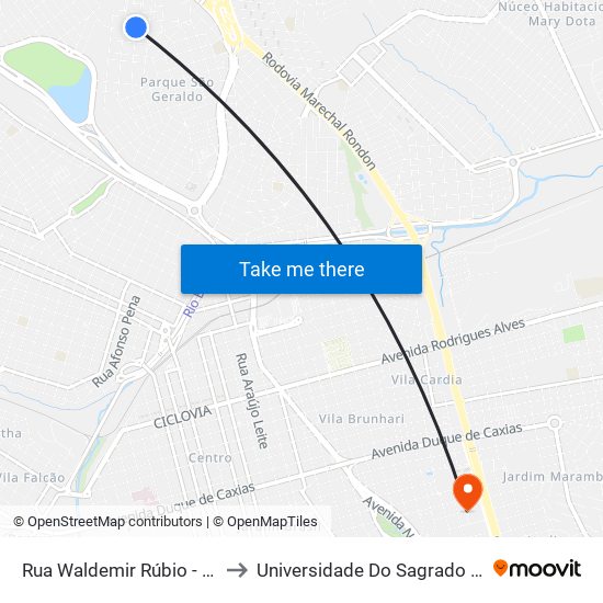 Rua Waldemir Rúbio - Qd. 05 Impar, to Universidade Do Sagrado Coração — Usc map