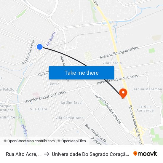 Rua Alto Acre, 257 to Universidade Do Sagrado Coração — Usc map