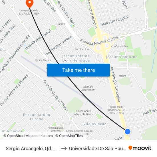 Sérgio Arcângelo, Qd. 03 Impar to Universidade De São Paulo — Usp map