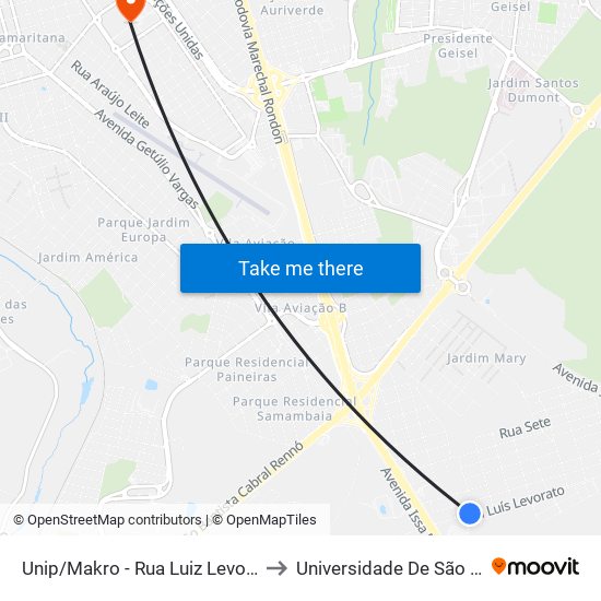 Unip/Makro - Rua Luiz Levorato Qd. 03 Par to Universidade De São Paulo — Usp map