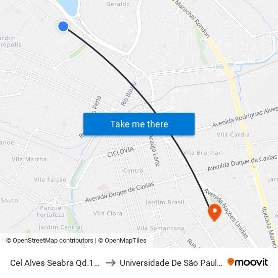 Cel Alves Seabra Qd.16 Impar to Universidade De São Paulo — Usp map