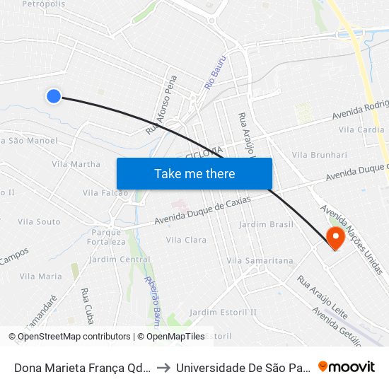 Dona Marieta França Qd.04 Impar to Universidade De São Paulo — Usp map