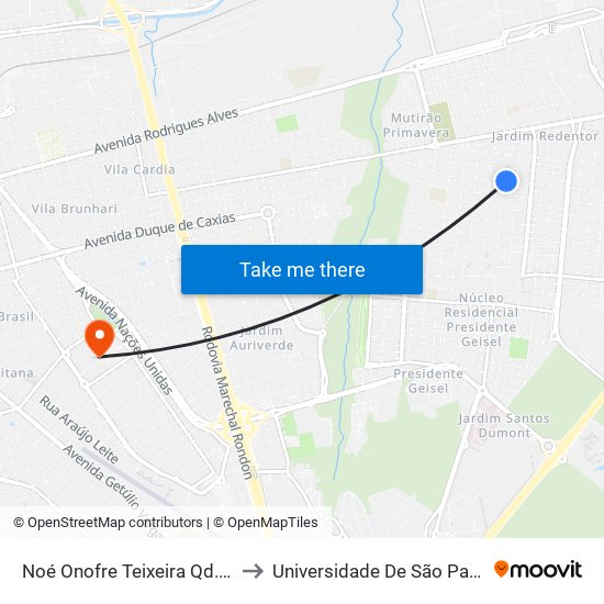 Noé Onofre Teixeira Qd. 10 Impar to Universidade De São Paulo — Usp map